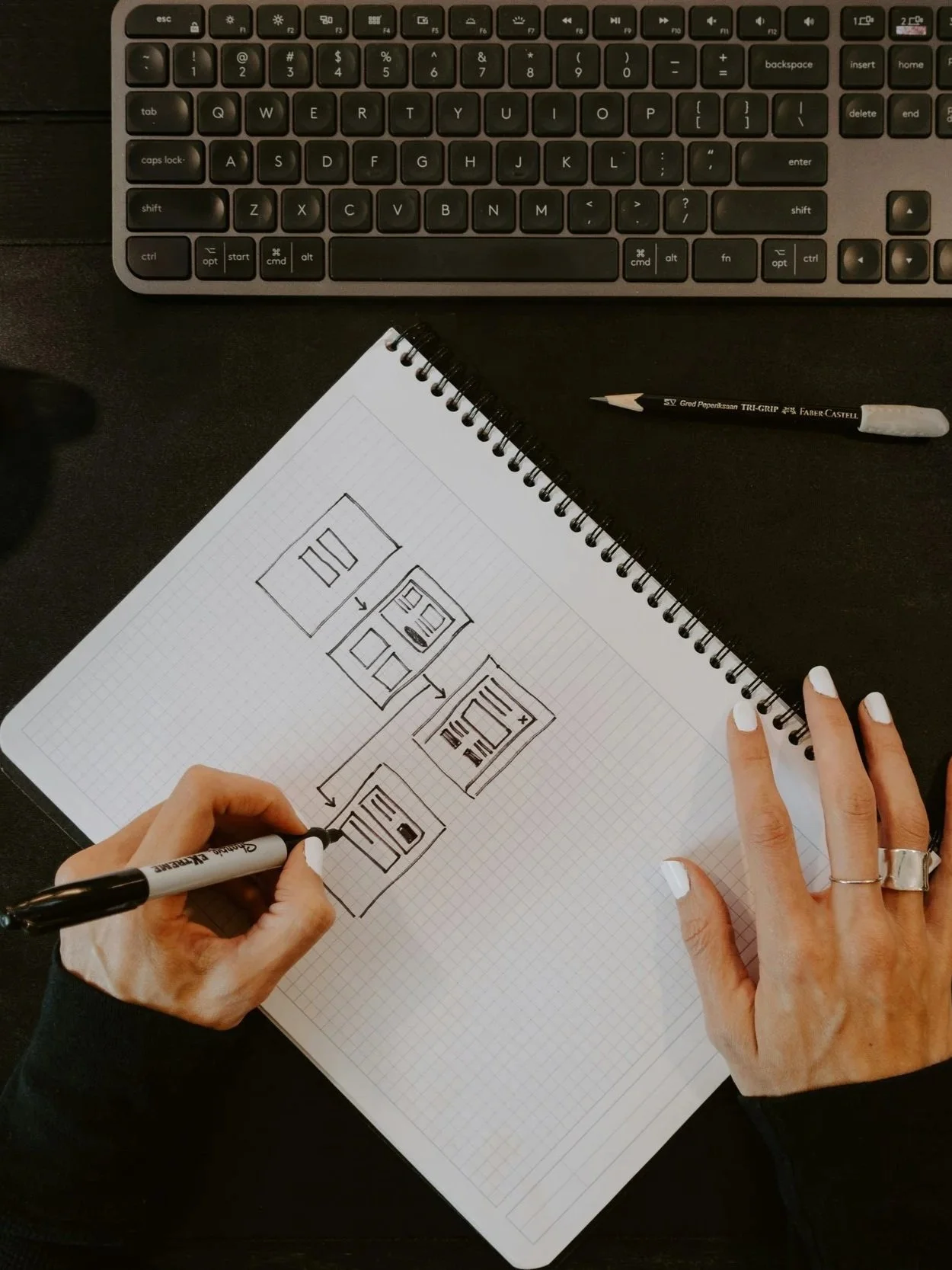 Strategic marketing planning in progress with notebook of wireframes on desk