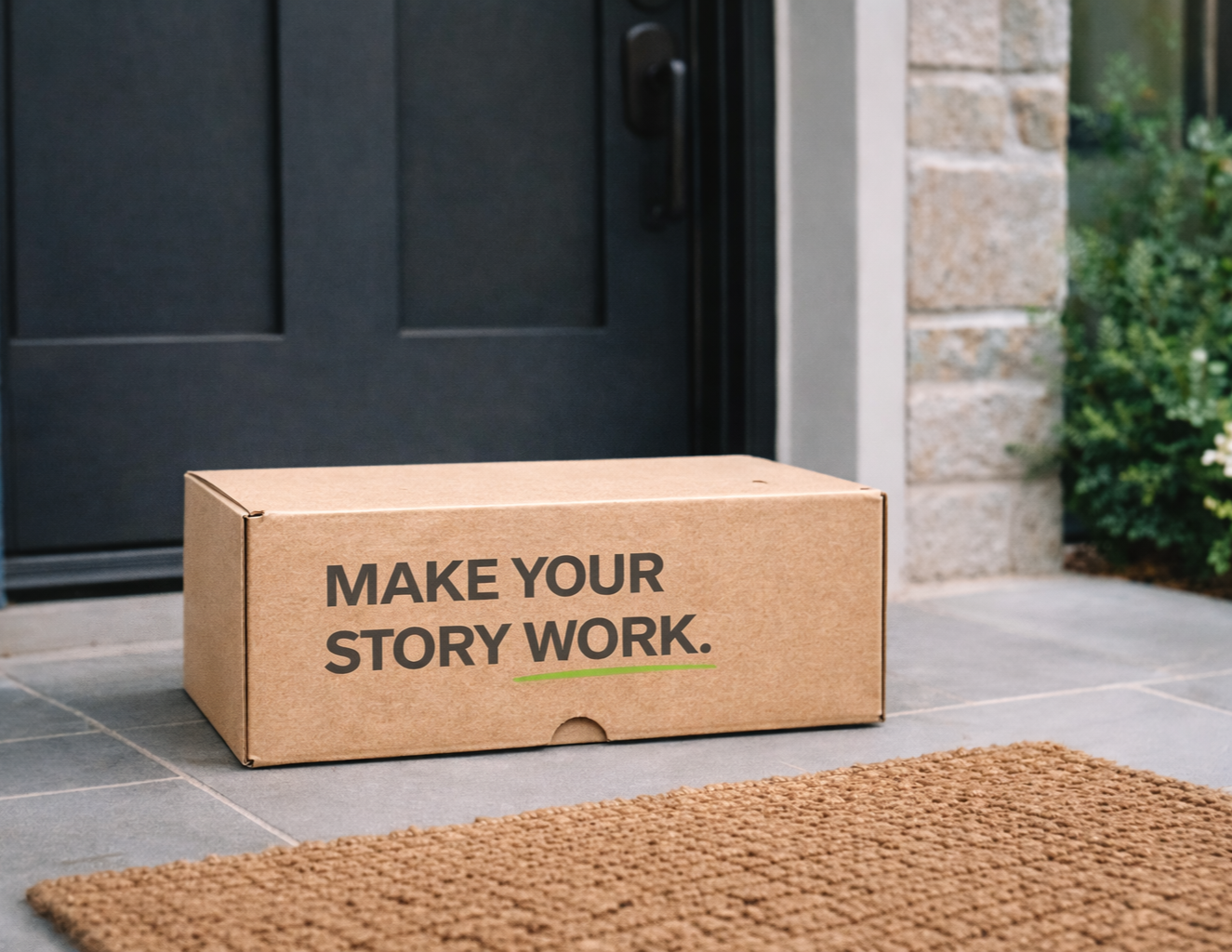 Branded shipping box with “Make Your Story Work” message on ecomm customer's doorstep