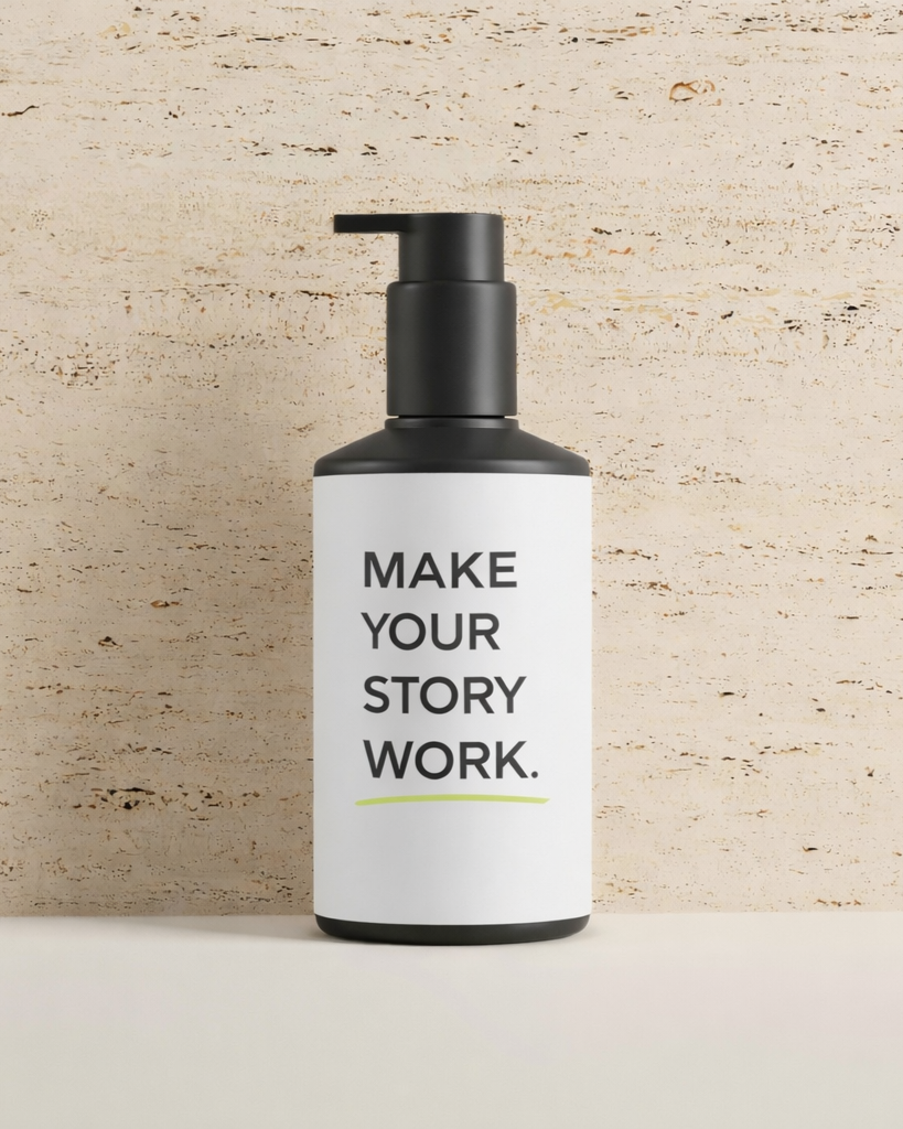 Product packaging with “Make Your Story Work” branding on minimalist bottle