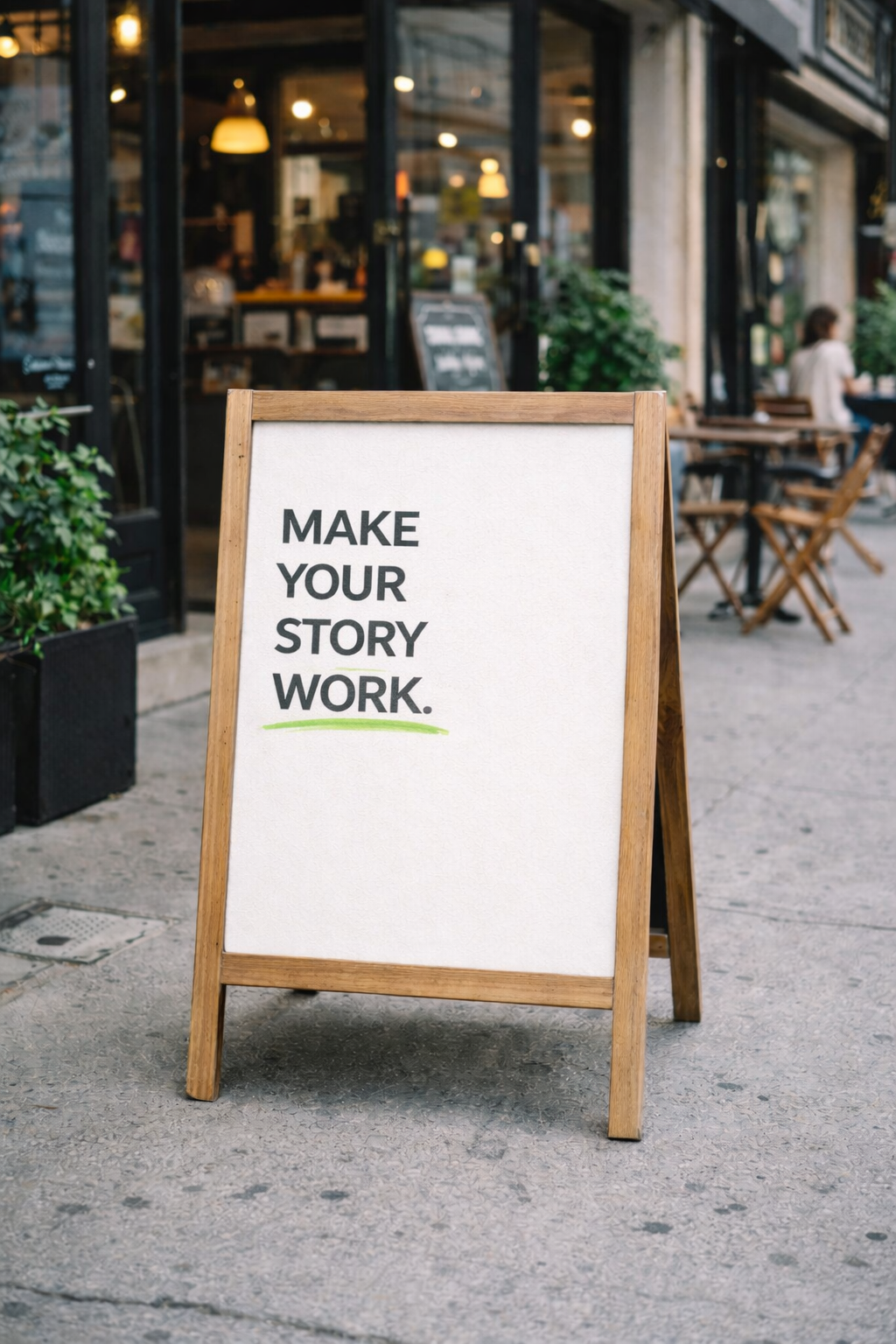 Sidewalk sign with “Make Your Story Work” messaging outside local business