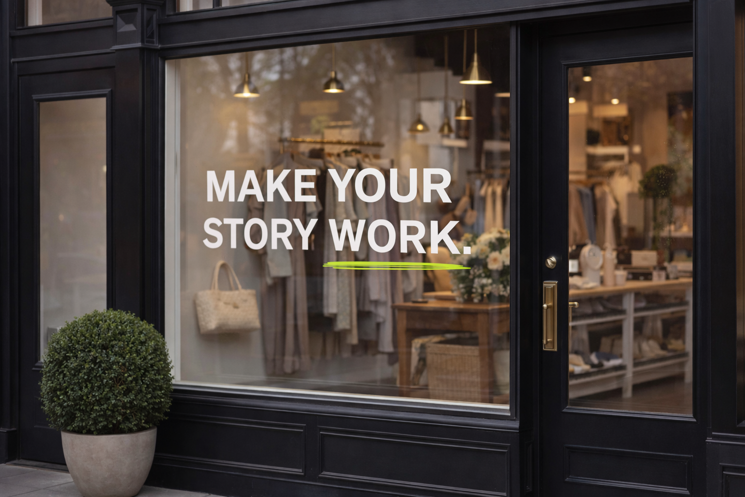 Boutique storefront window featuring “Make Your Story Work” brand message