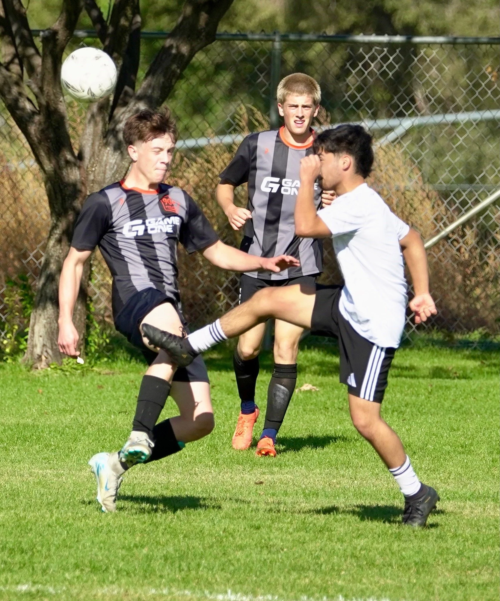 Three young boys playing soccer outdoors on a grassy field, with one boy kicking the ball while the other two are nearby, near a fence and trees.