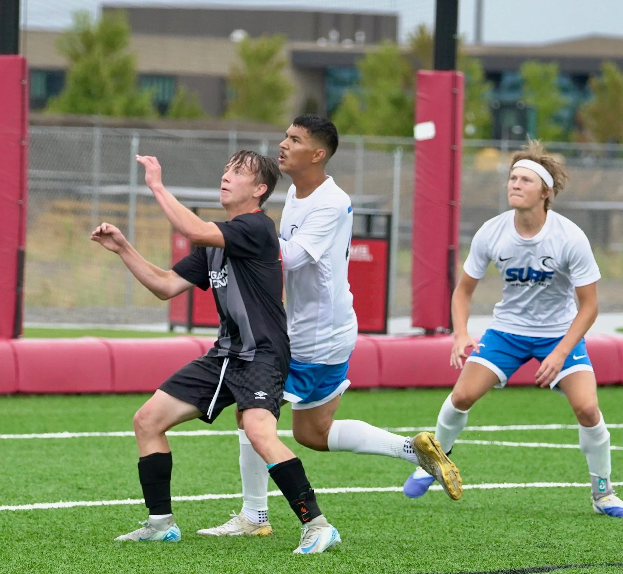 Three soccer players competing for a ball during a game on a field with green turf and nearby fencing.