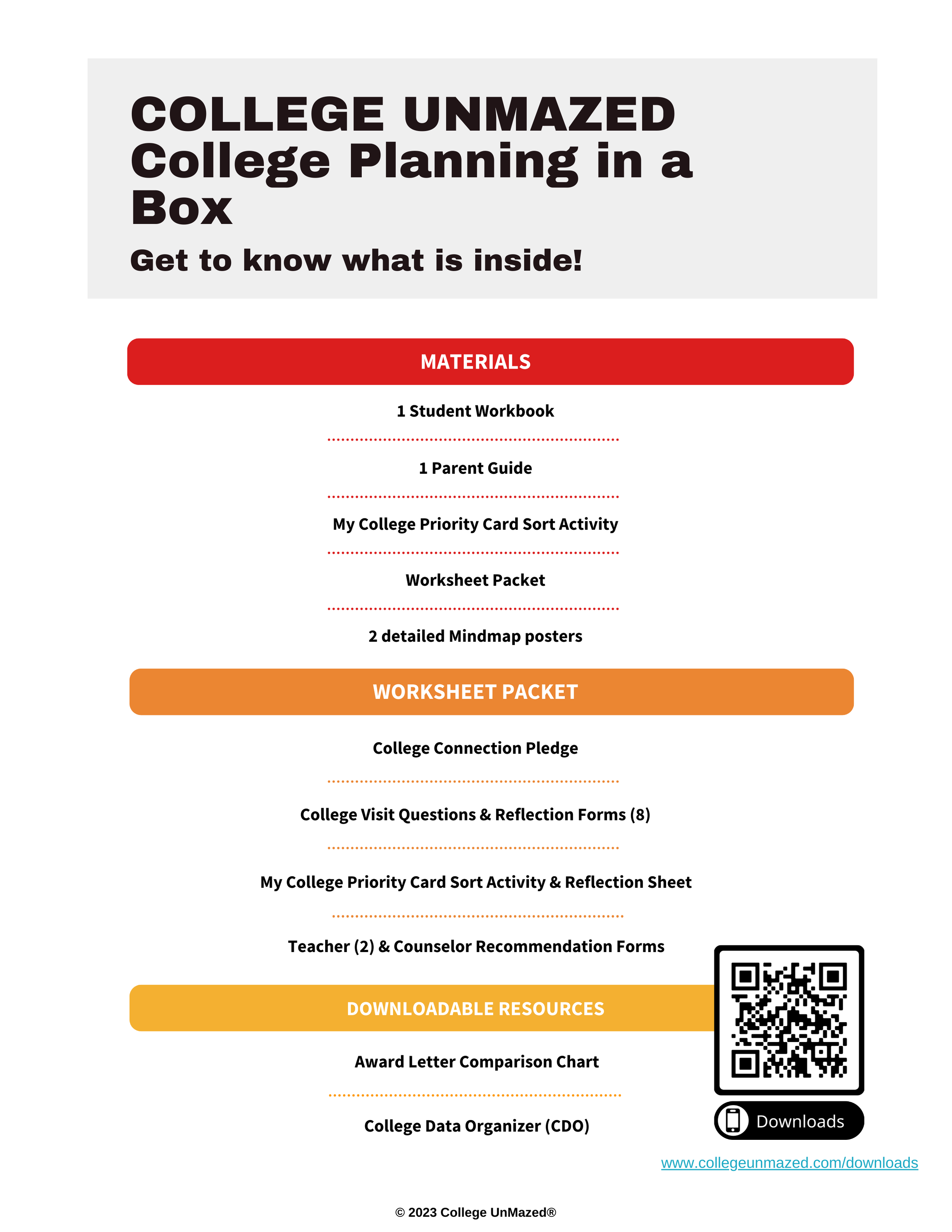 Infographic for College Unmazed, College Planning in a Box, listing included materials: 1 student workbook, 1 parent guide, priority card sort activity, worksheet packet, mindmap posters. Worksheet details: college connection pledge, visit questions, priority card sort, recommendation forms. Downloadable resources: award letter comparison chart, college data organizer. QR code for downloads included.