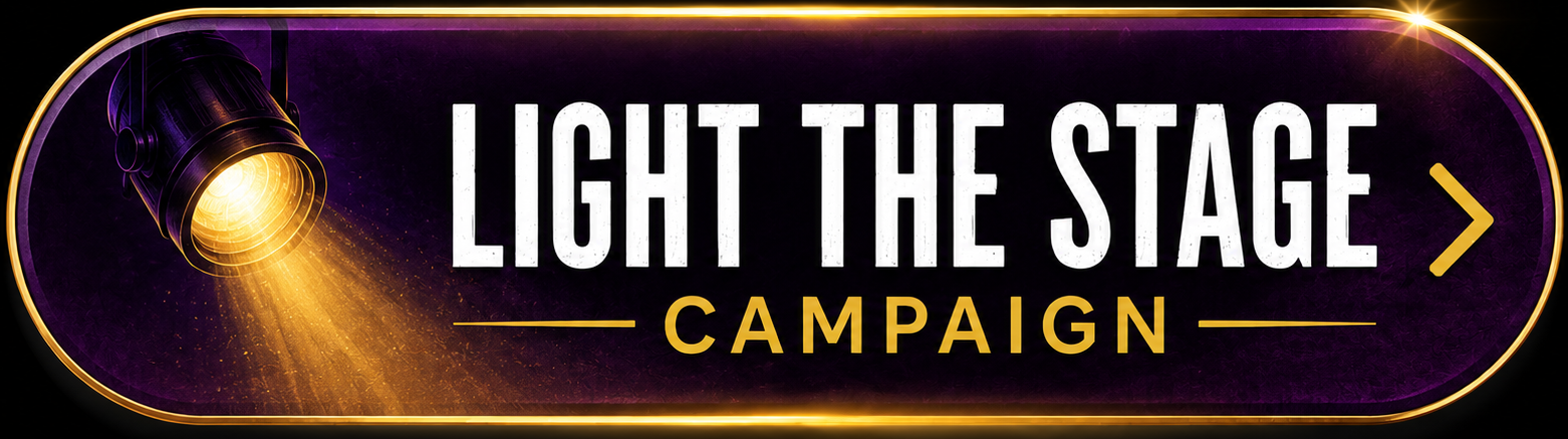 A promotional banner for a campaign called 'Light the Stage.' features a purple and gold color scheme, a spotlight shining downward, and a right arrow indicating navigation.