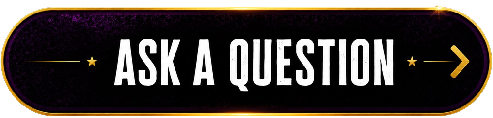 A digital sign with a black background and purple border, displaying white text that says 'Ask a Question' with yellow decorative accents and right arrow.