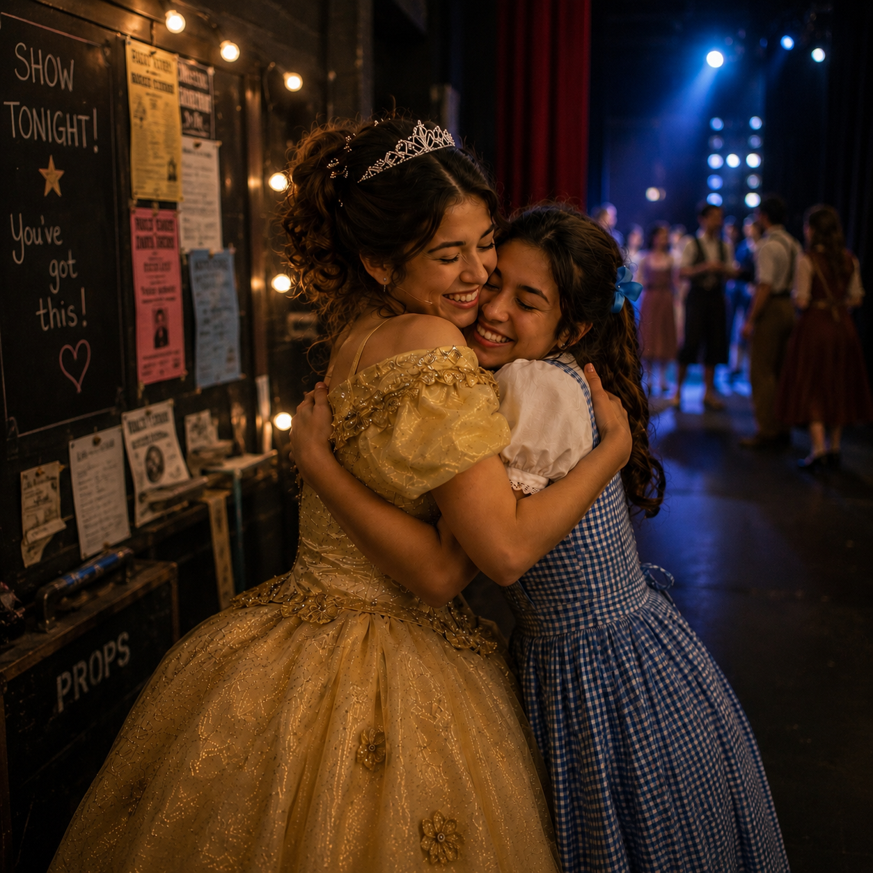 Two young girls hugging backstage at a theater, one dressed as Belle from Beauty and the Beast in a gold gown with a tiara, the other in a blue checkered dress with a blue ribbon in her hair, smiling happily. In the background, other people are preparing for a performance, with stage lights and a chalkboard displaying show information.