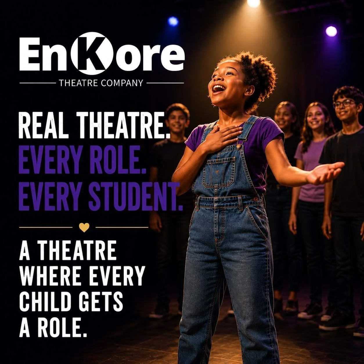 Young performer singing on stage under spotlights with fellow students behind her, representing EnKore Theatre Company’s inclusive youth theatre programs.
