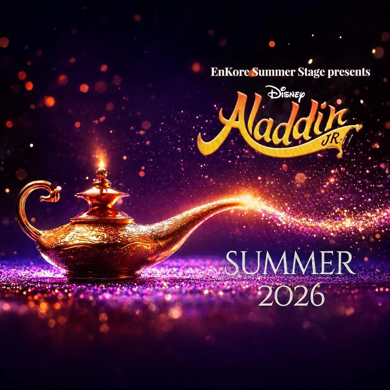 Disney Aladdin Jr. Summer 2026 poster featuring a magical genie lamp surrounded by sparkling lights and stage-inspired colors.