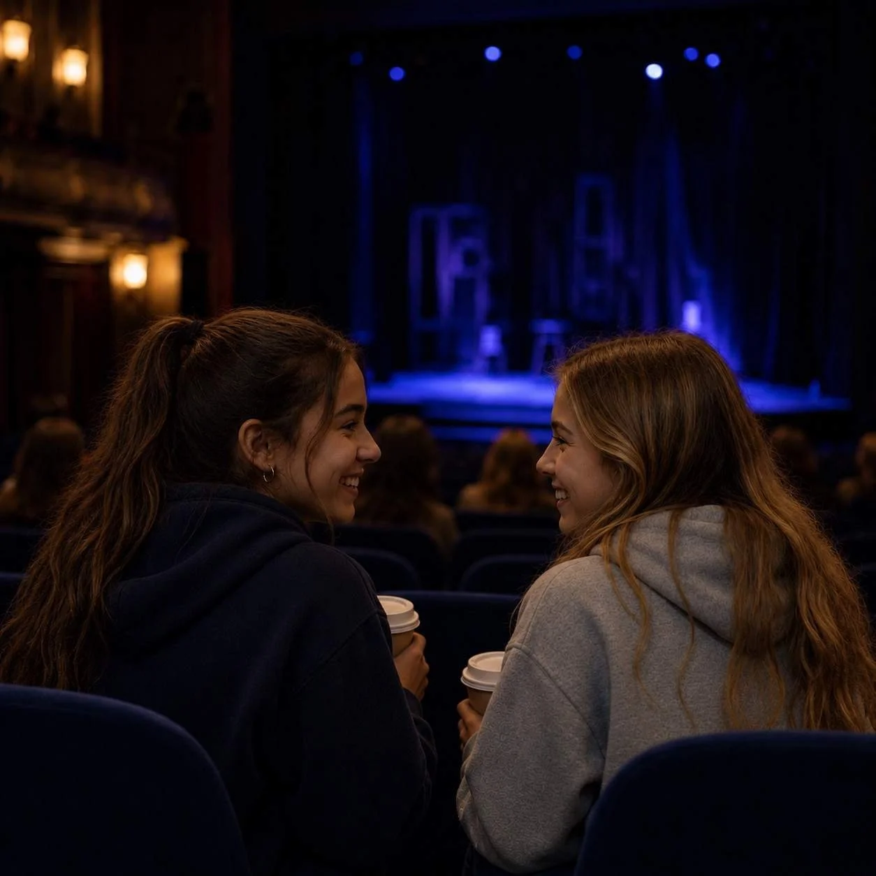Two friends smiling and talking in a theatre audience before a performance, highlighting the friendships and community built through the performing arts.