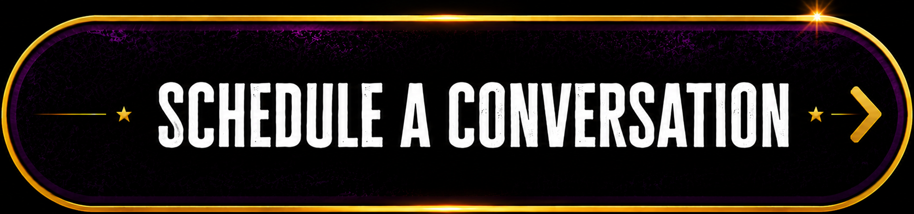 Button with black background and purple and gold accents saying 'Schedule a Conversation' with arrow and star decorations.