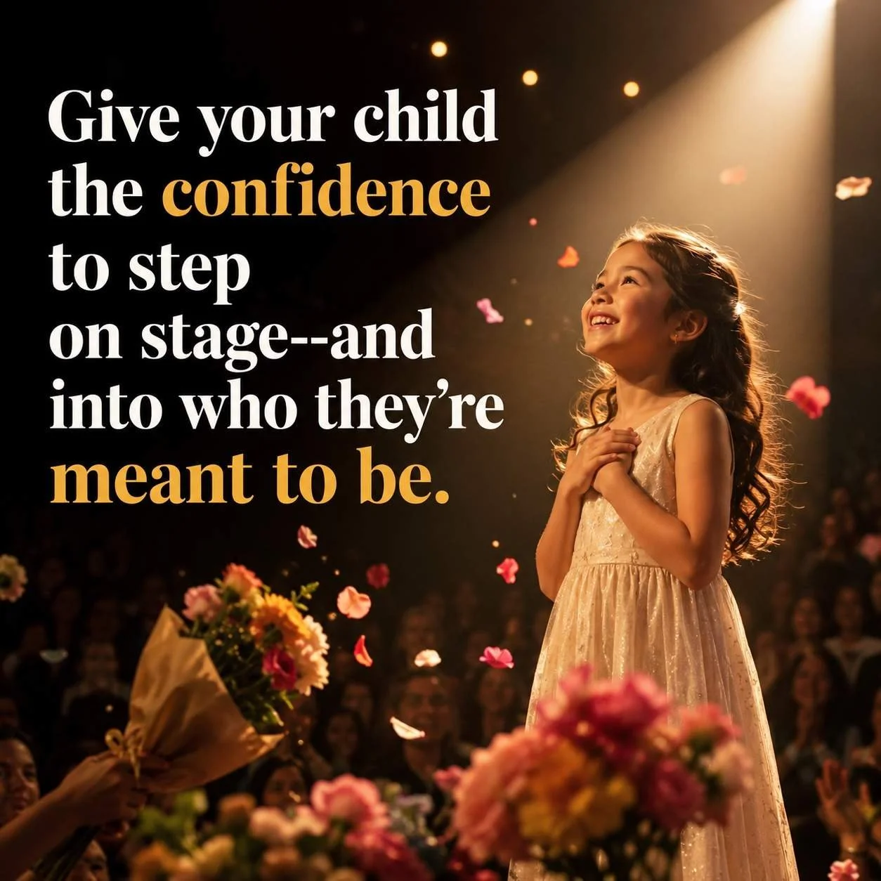 Young girl standing confidently on stage under a spotlight, surrounded by flowers and applause, representing the confidence and personal growth gained through youth theatre.