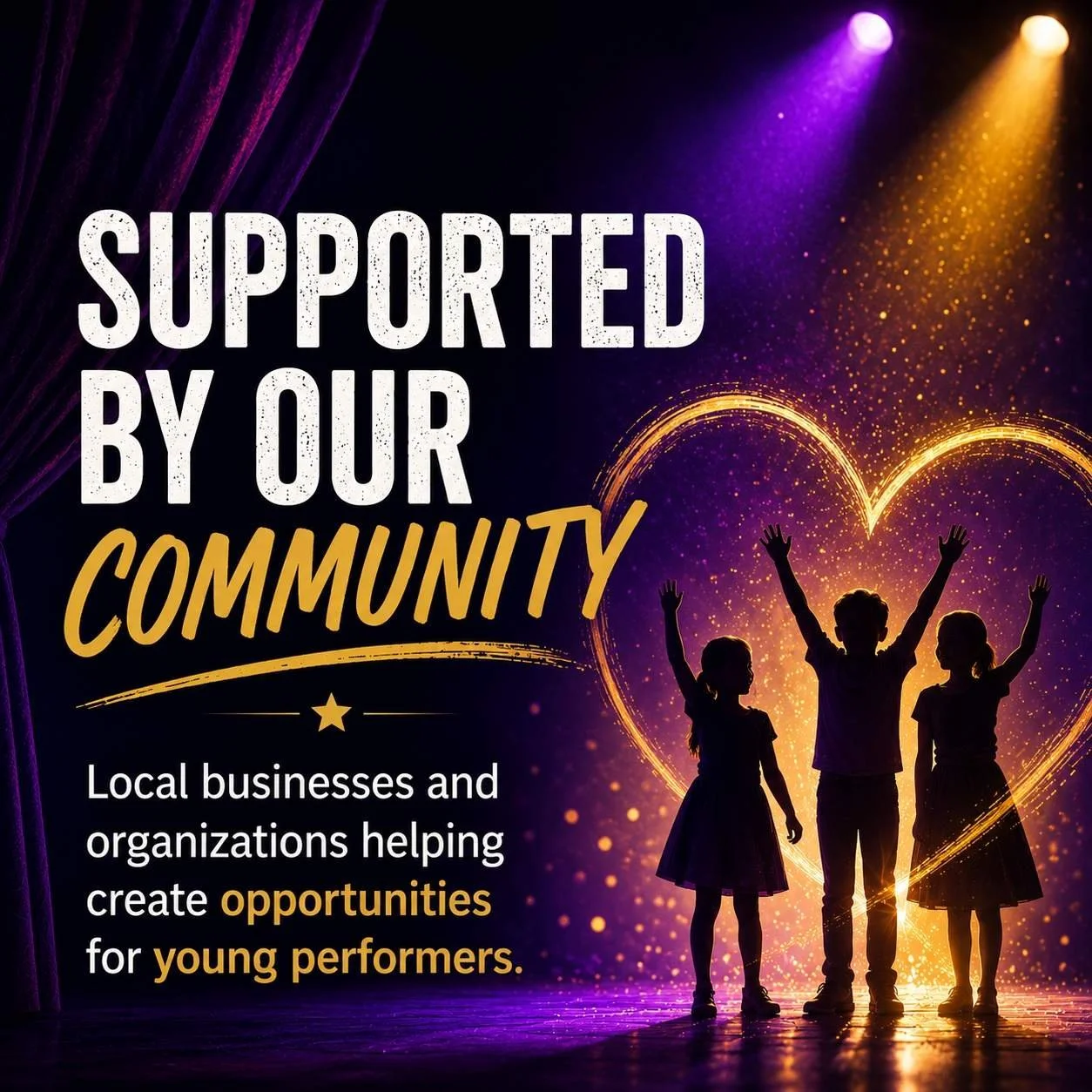Three children standing together on a stage in front of a glowing heart, representing community support and opportunities for young performers.
