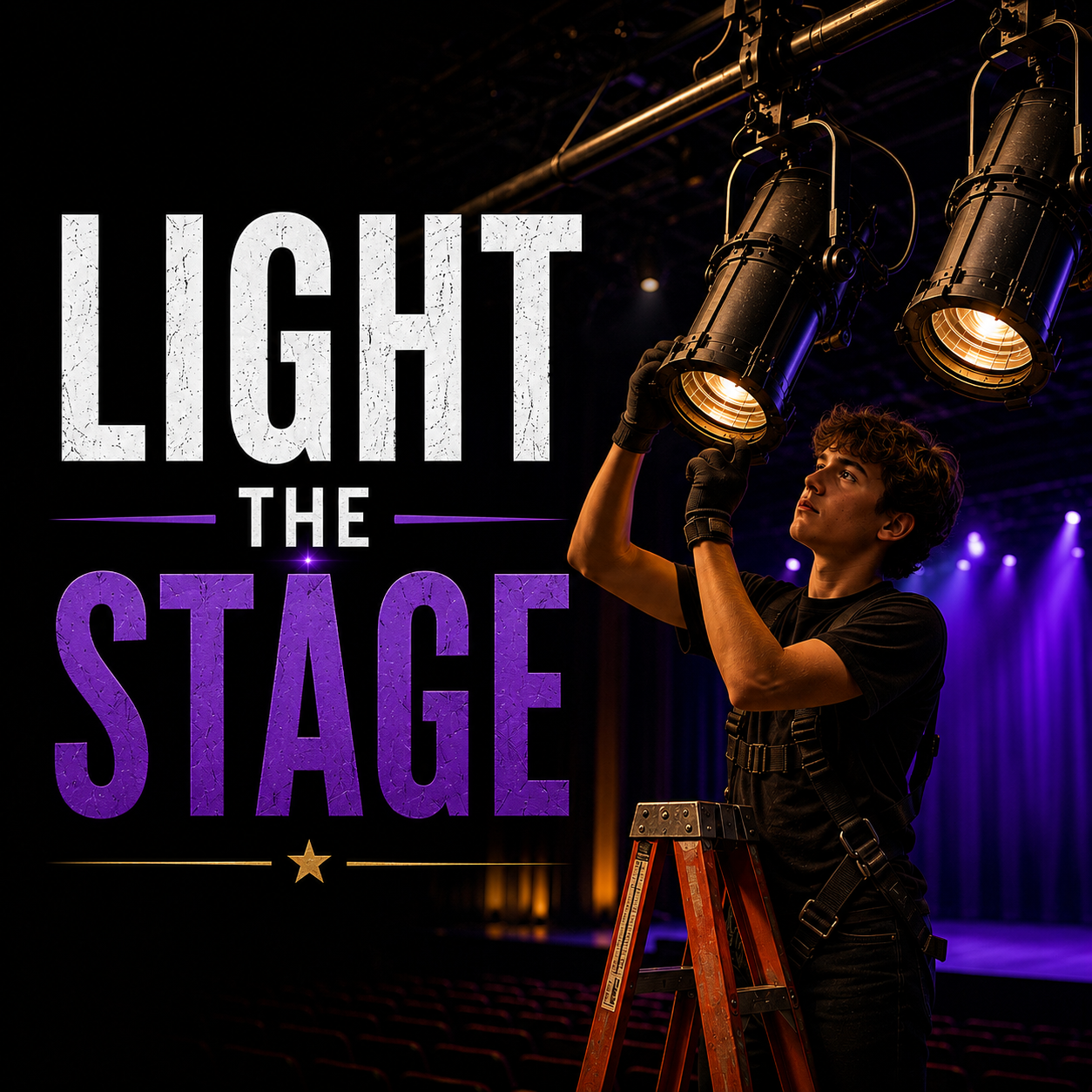 A young man working on stage lighting equipment in a theater with purple stage lights in the background, and the text 'Light the Stage' written on the left side in large, textured letters.
