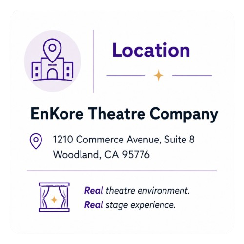 Business card for EnKore Theatre Company with location at 1210 Commerce Avenue, Suite 8, Woodland, CA 95776, featuring a purple theater icon, and the text 'Real theatre environment. Real stage experience.'