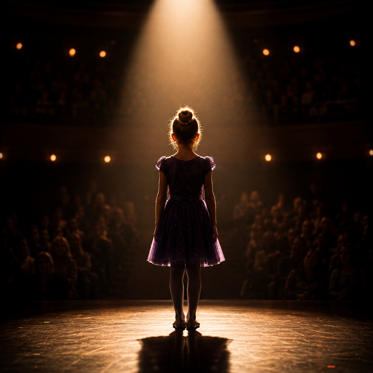 A young girl in a purple dress standing on a stage under a spotlight, facing a large audience in a theater or auditorium.