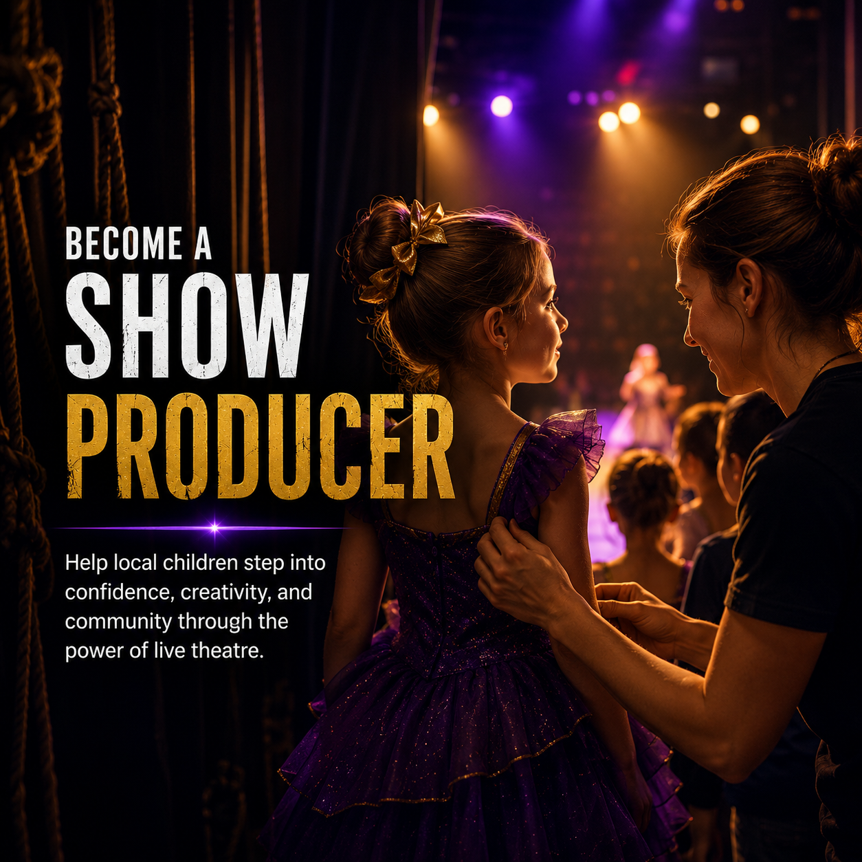A young girl in a purple costume being prepared backstage at a theater for a performance, with stage lights and other children in costumes in the background.
