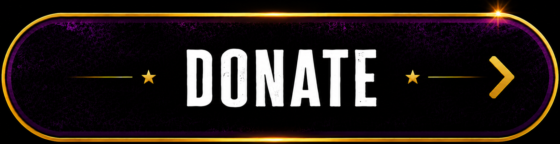 A digital donation button with a black background, purple border with gold outline, the word "DONATE" in large white capital letters, gold star and arrow icons, and decorative  effects.
