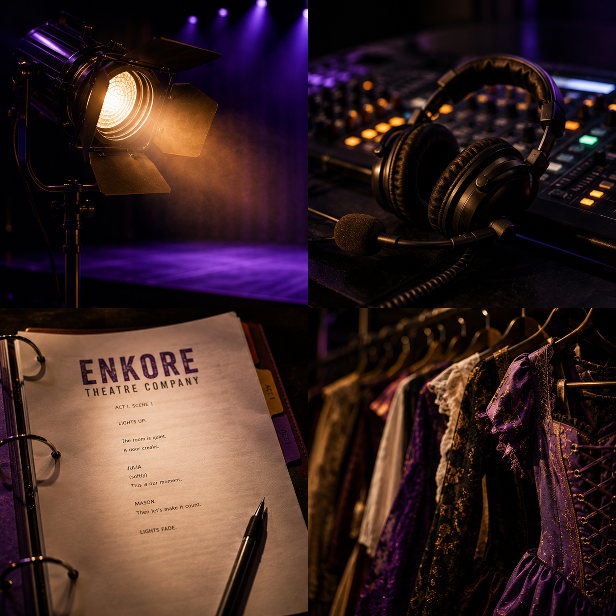 Photo collage of theater production elements: top left shows stage lighting with purple hues, top right features headphones and a mixer, bottom left displays a script for 'Enkore Theatre Company,' and bottom right shows costumes hanging on a rack.