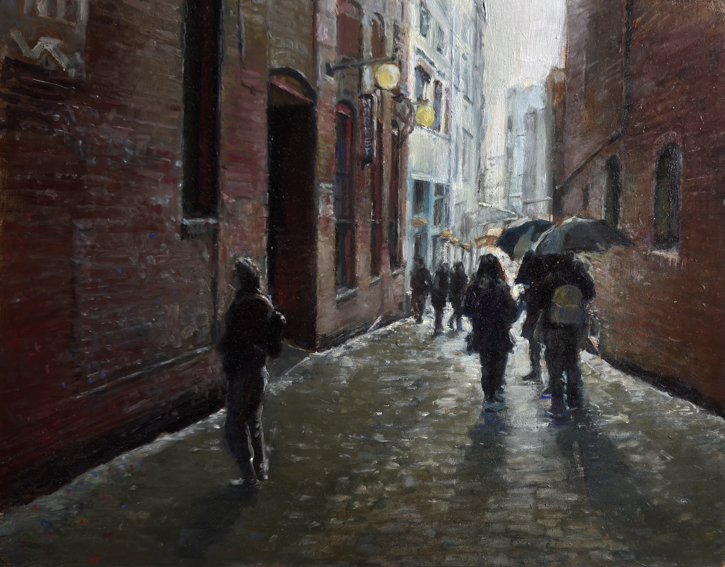 Three Strangers, Post Alley
11 x 14,  oil on gessobord