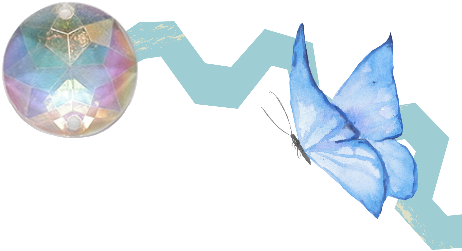 Watercolor blue butterfly flying past a colorful, geometric, reflective orb with a light blue abstract background.