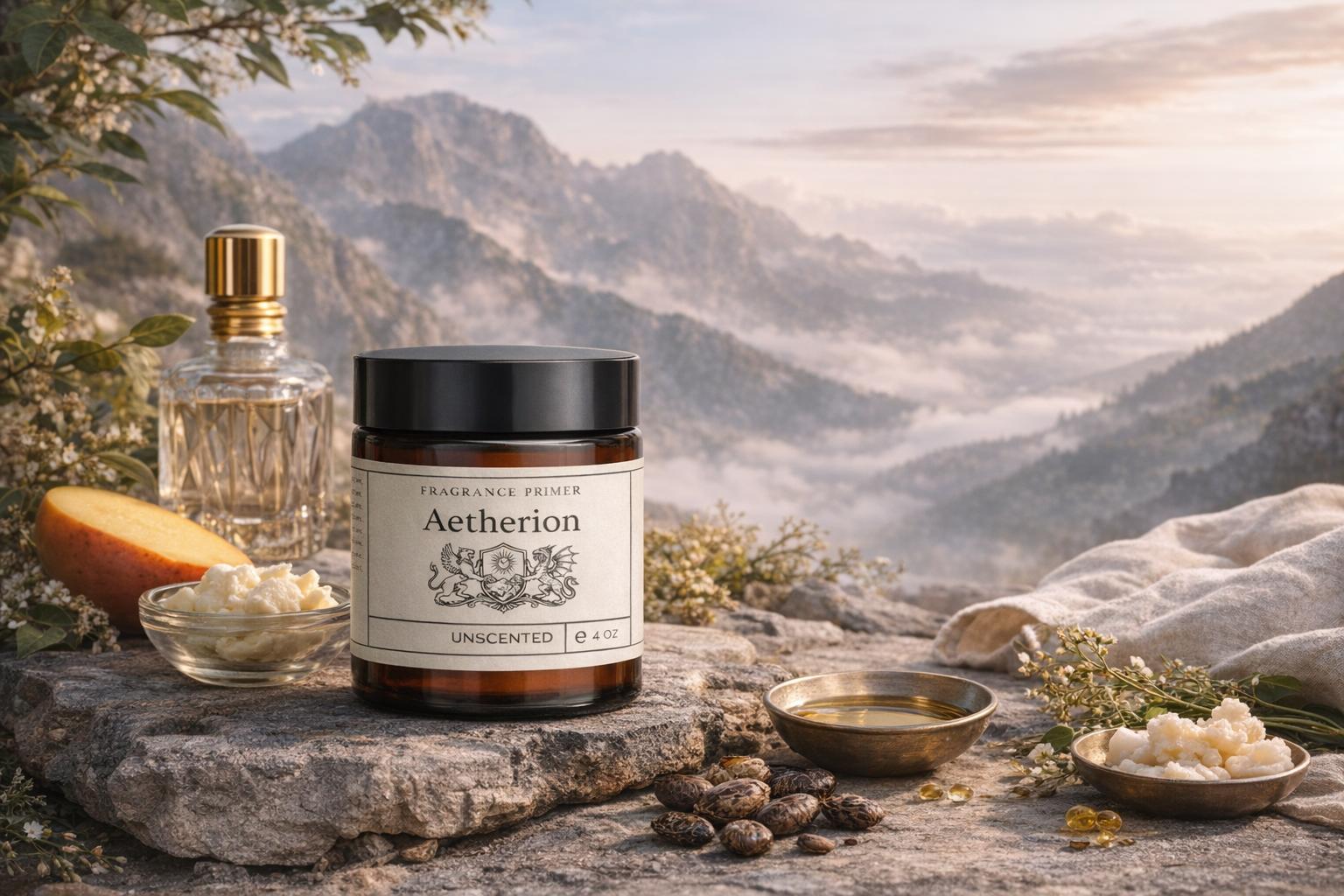 A natural outdoor scene featuring a jar of Aetherion fragrance primer, a glass of oil, a bowl of cream, a sliced apple, and some seeds or nuts placed on a rocky surface with mountain landscape and sky in the background.
