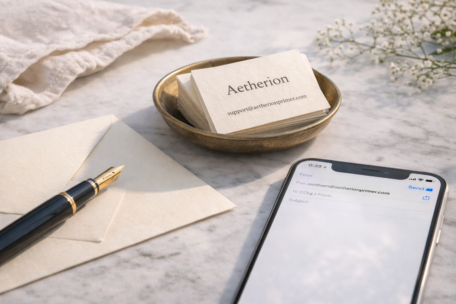 Business cards in a bowl, a fountain pen on an envelope with a letter, a smartphone displaying an email draft, and white flowers on a marble surface.