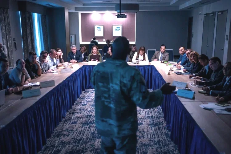 Colonel Harris briefing a room of people at a table