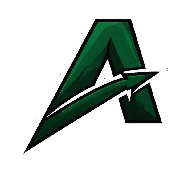 Stylized green letter A with a lightning bolt design on a black background.