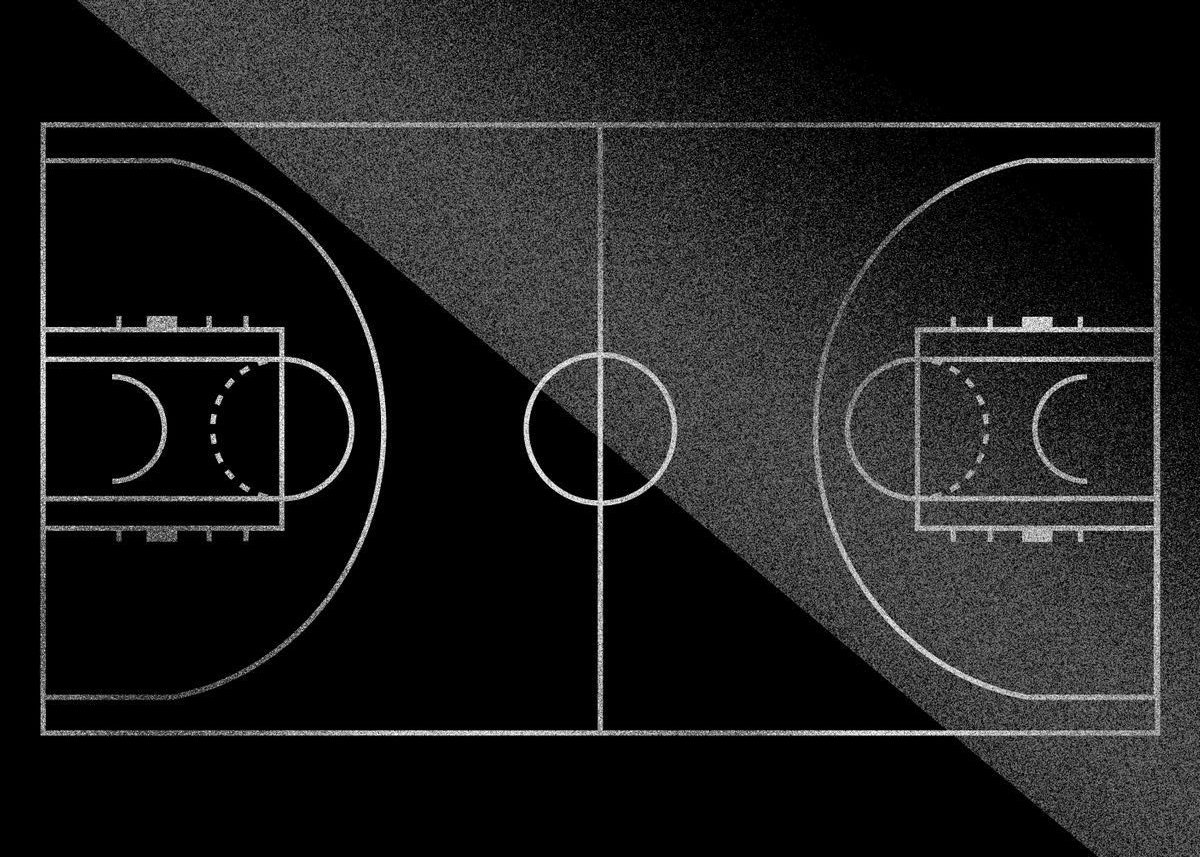 Basketball court diagram divided diagonally with different shading, showing two halves with court markings and center circle.