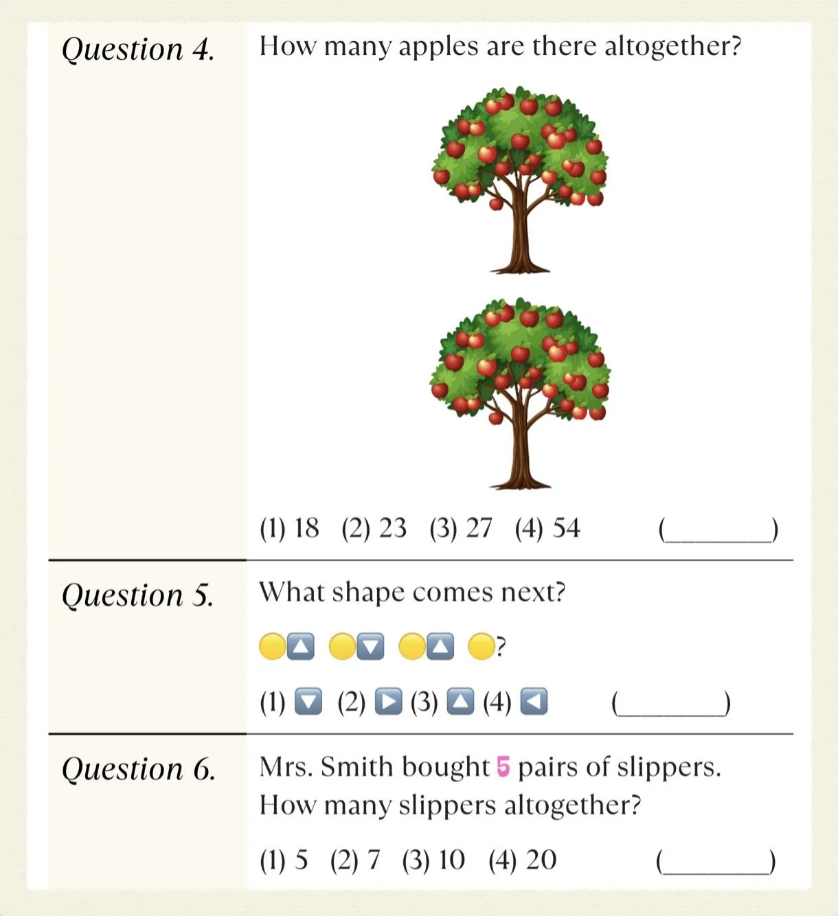 Math worksheet with questions about apples, shapes, and slippers. Features two apple trees and multiple-choice answers.