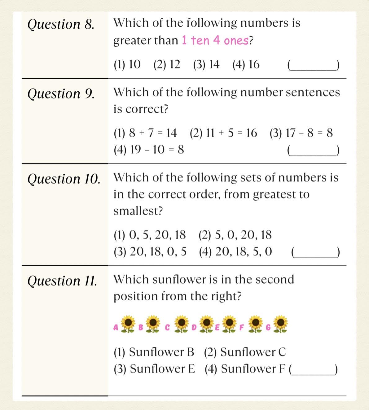 A page from a worksheet featuring multiple-choice questions about numbers, math, and a sunflower image indicating the second position from the right.
