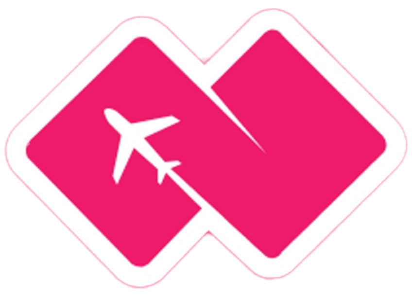 Pink logo with a white airplane silhouette on a geometric background.