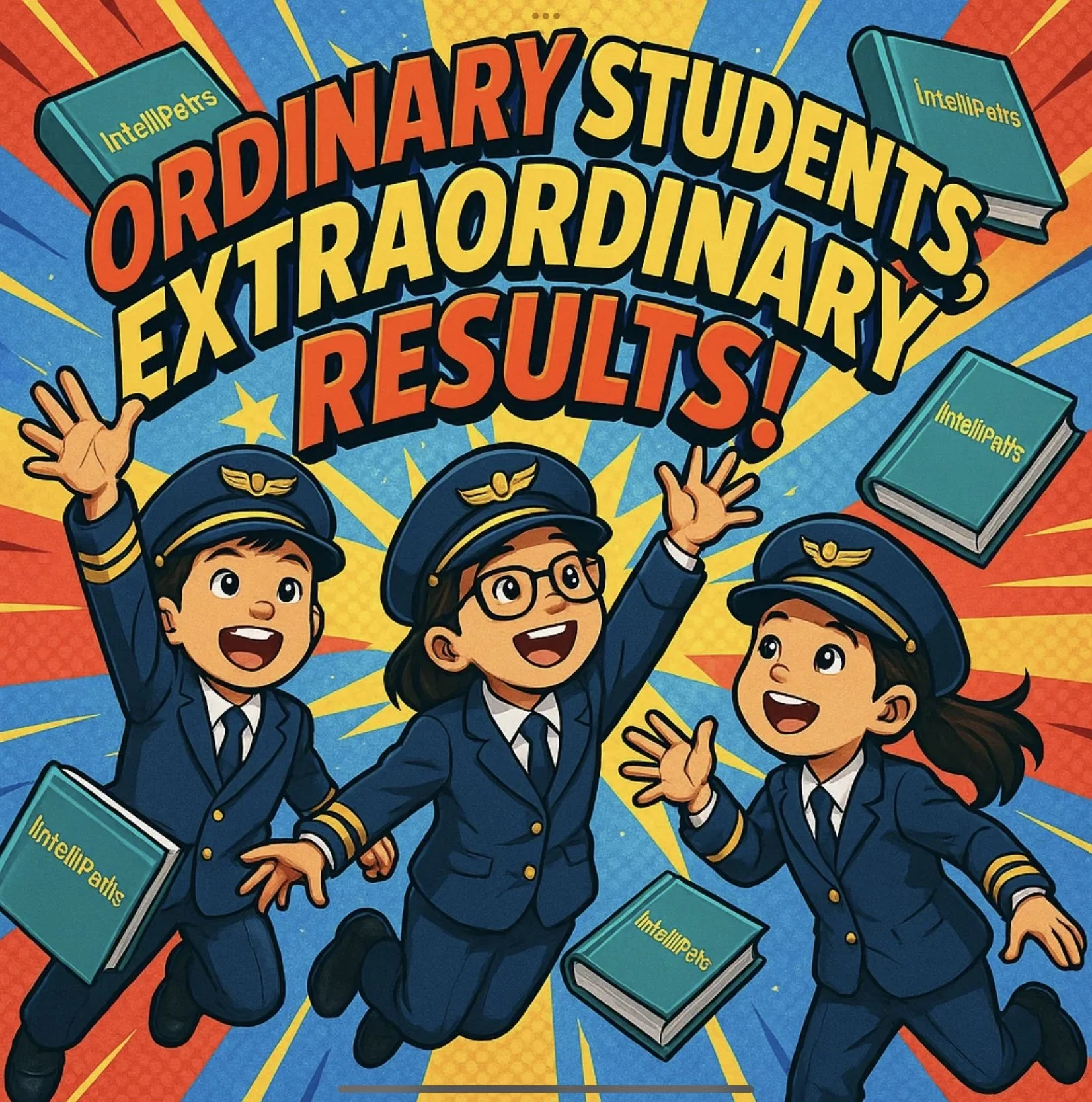 Three children dressed as pilots celebrating with flying poses surrounded by flying books titled 'IntelliPets' and colorful background.