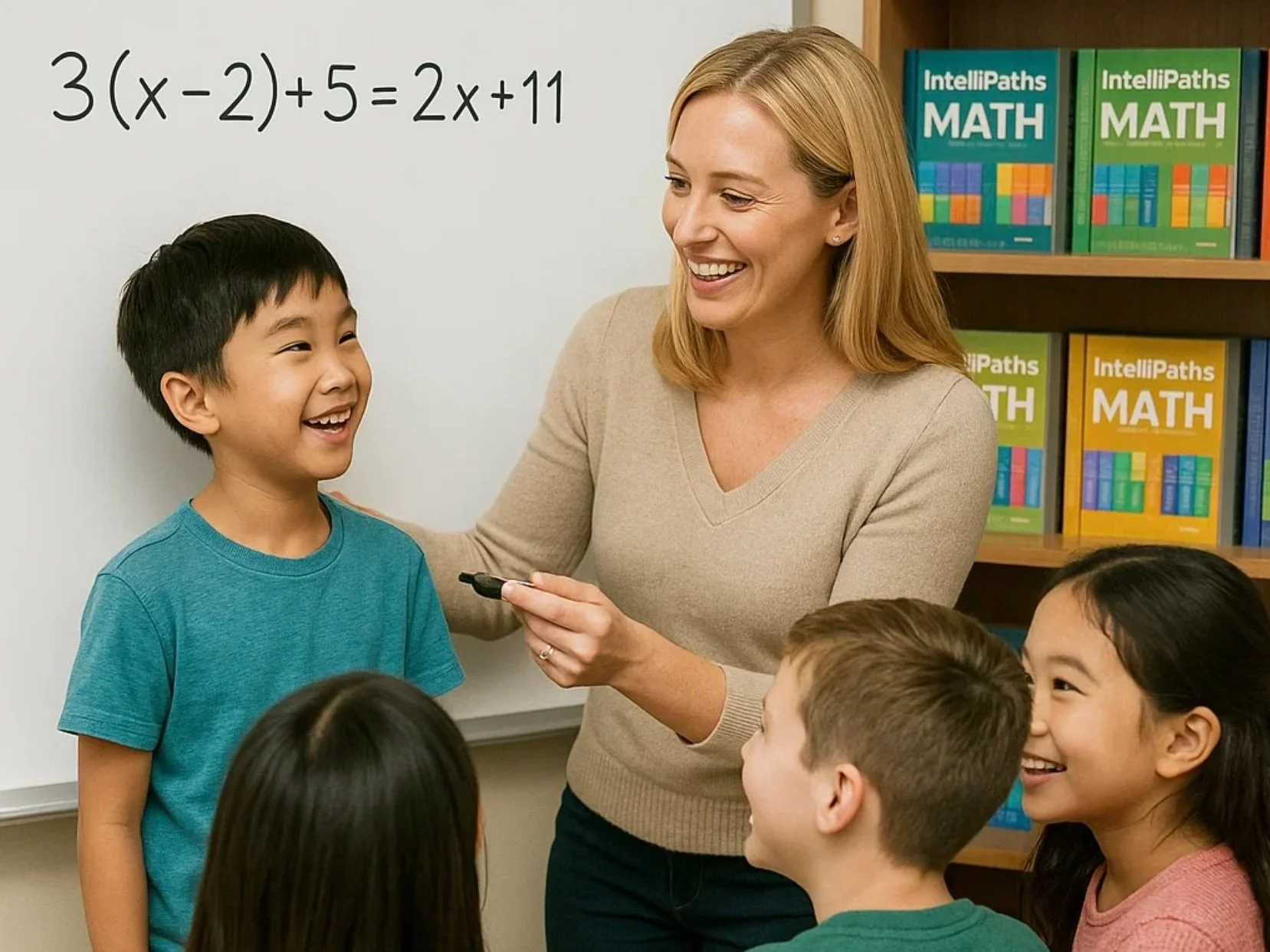 A classroom scene with a teacher smiling and holding a marker, standing next to a student who is also smiling, with three other children looking on and smiling. There is a whiteboard with a math equation written on it and a bookshelf filled with math textbooks in the background.