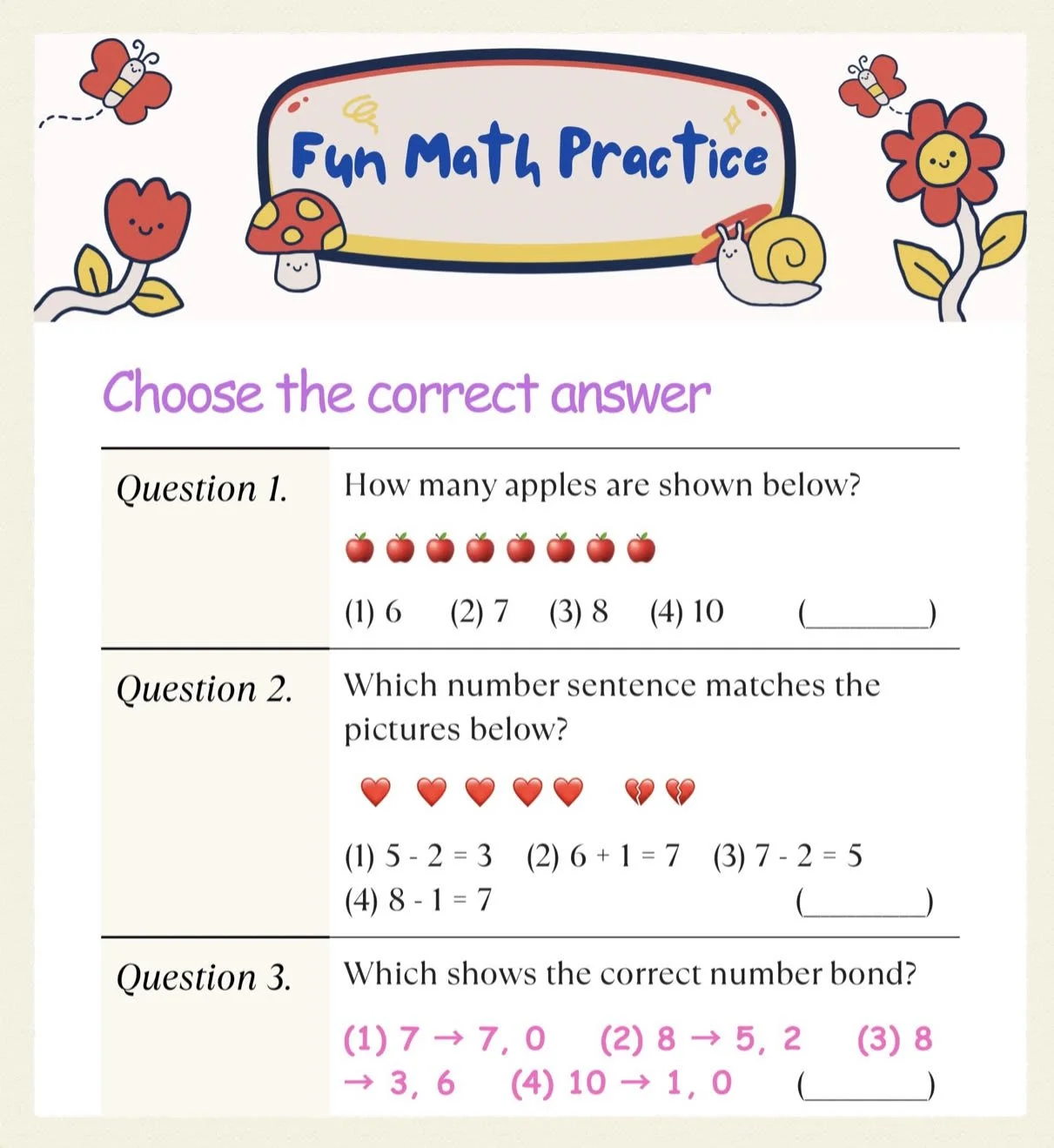 Fun math practice worksheet with colorful cartoon flowers, butterflies, a snail, and mushrooms at the top. Contains three math questions about apples and numbers for children to answer.