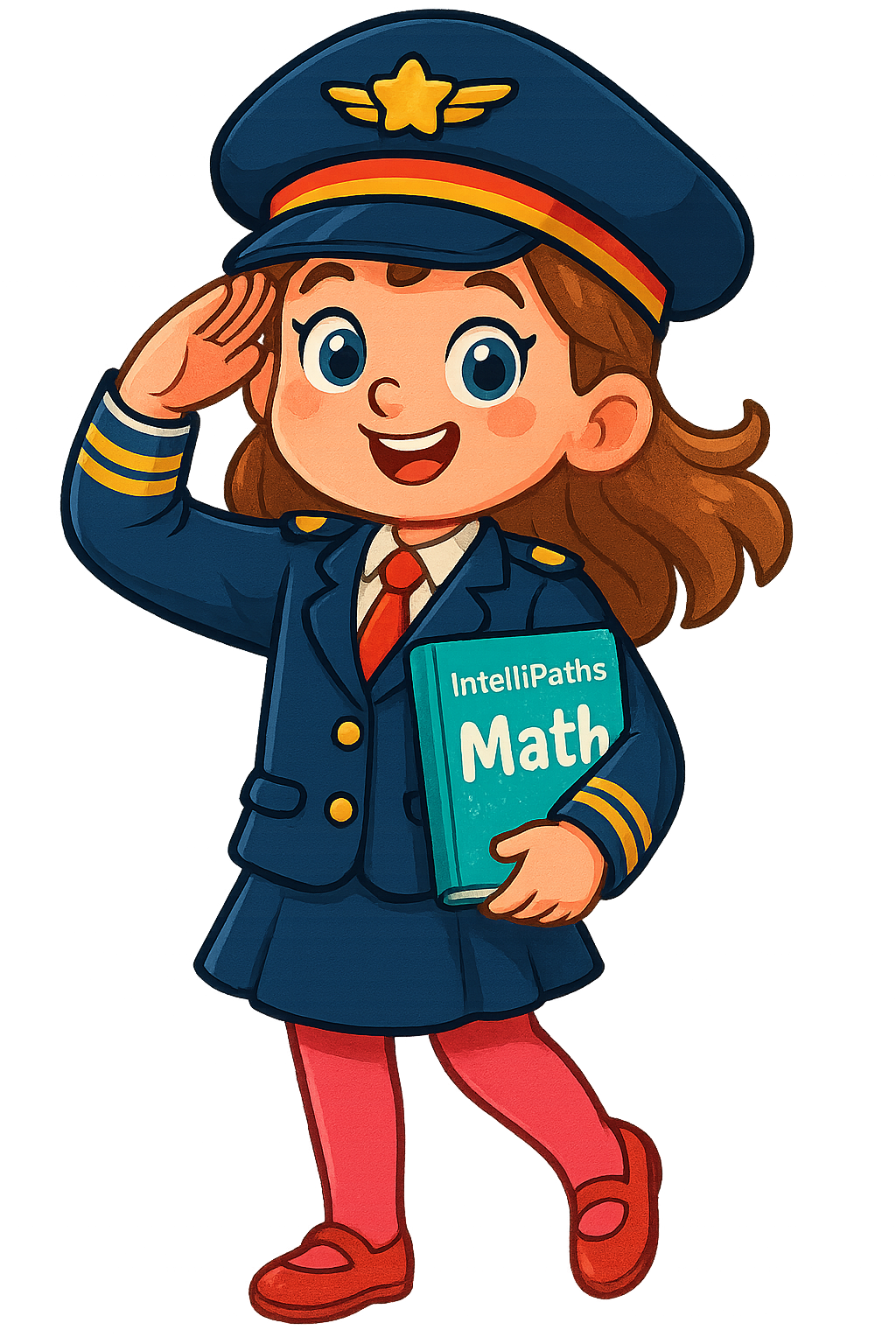 A cartoon girl dressed as a police officer. She has brown hair, blue eyes, and is saluting. She holds a book titled 'IntelliPaths Math'. She wears a blue police uniform and hat with a yellow star badge, red tights, and red shoes.