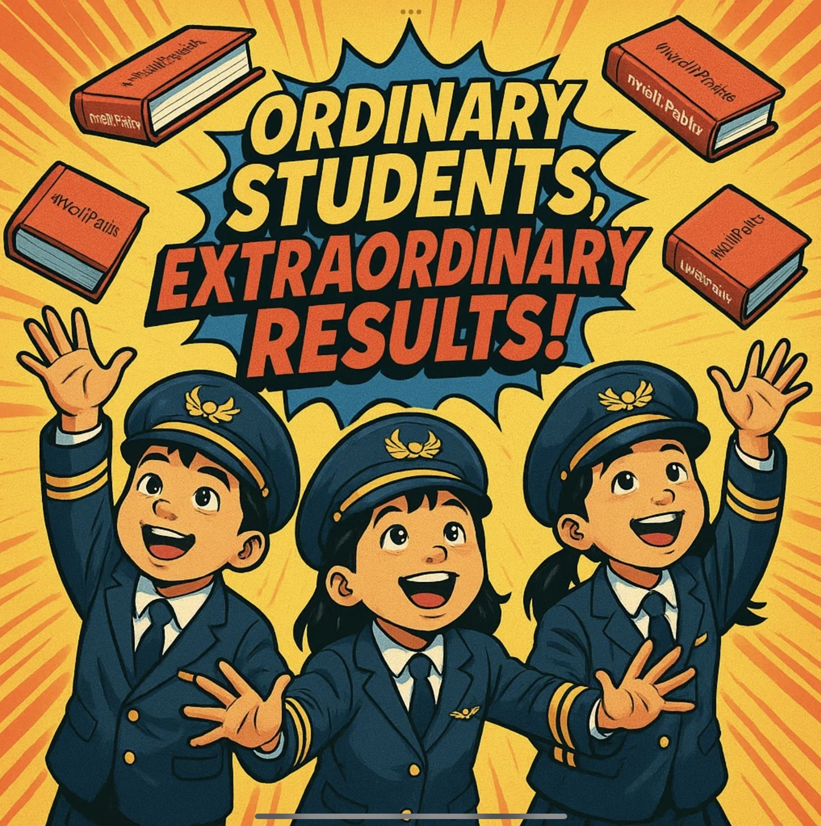 Colorful illustration of three children dressed as pilots celebrating their extraordinary academic results, with flying books and a sunburst background, and a banner reading 'Ordinary Students, Extraordinary Results!'