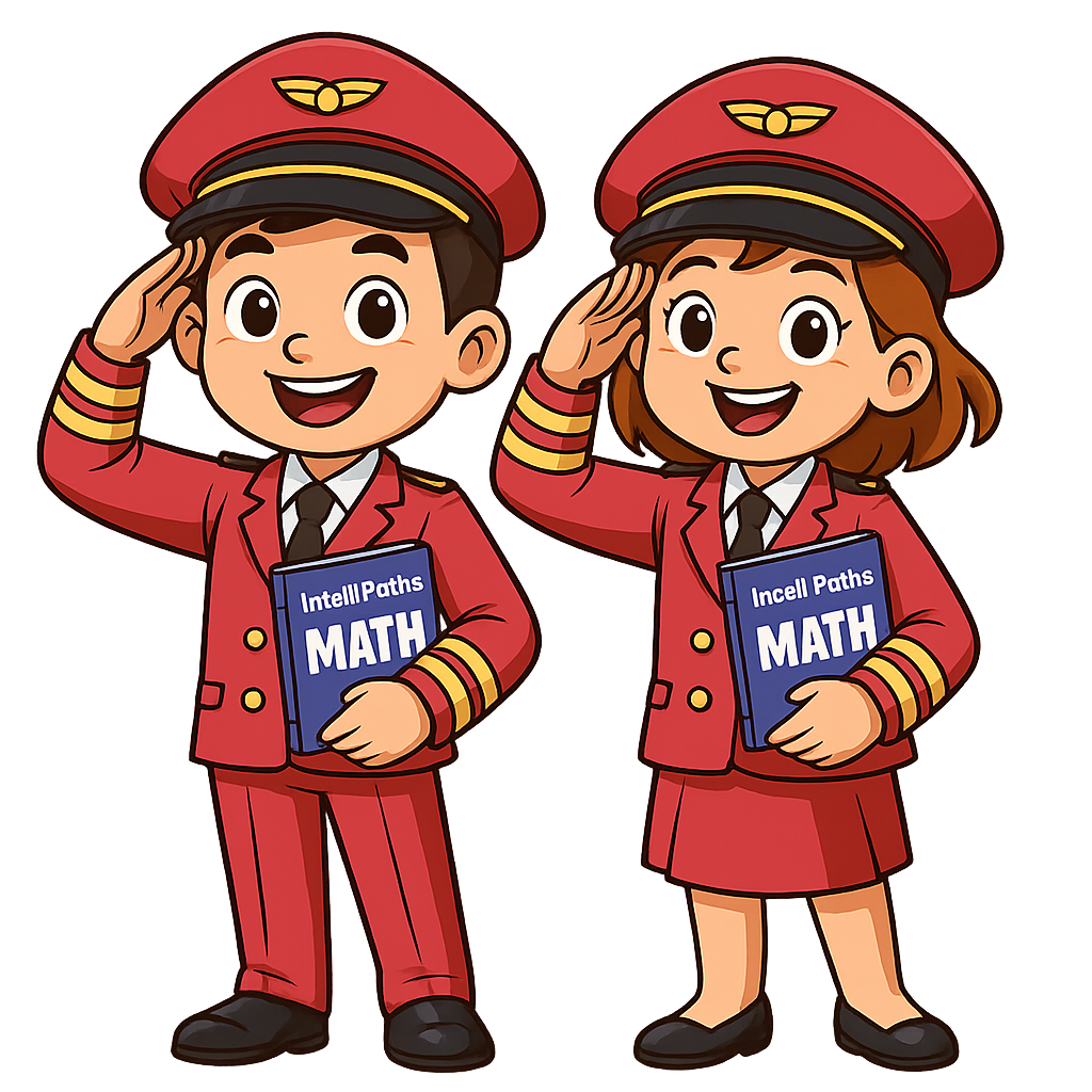 Cartoon boy and girl in pilot uniforms saluting, holding a math book labeled 'Intel Pathways Math'.