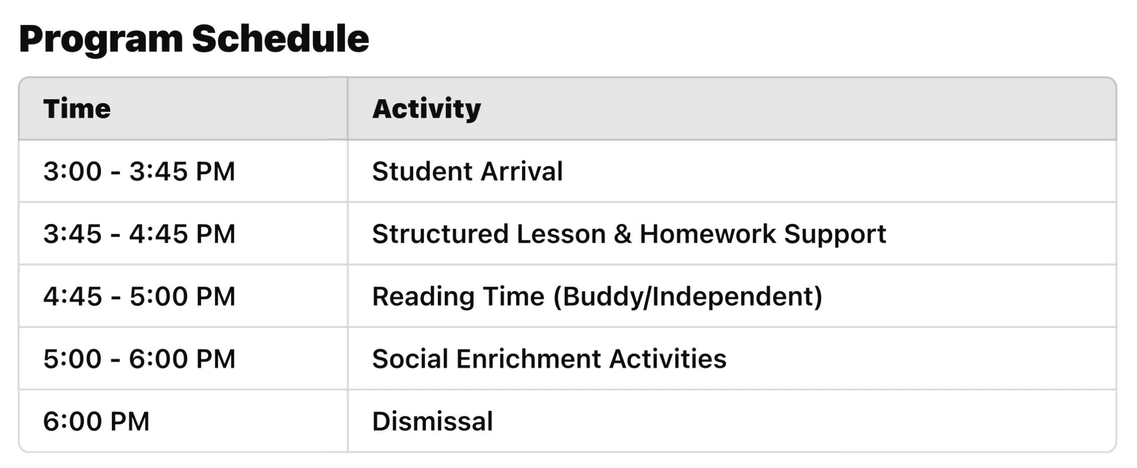A program schedule table with times and activities including student arrival, structured lesson and homework support, reading time with buddies or independent study, social activities, and dismissal.