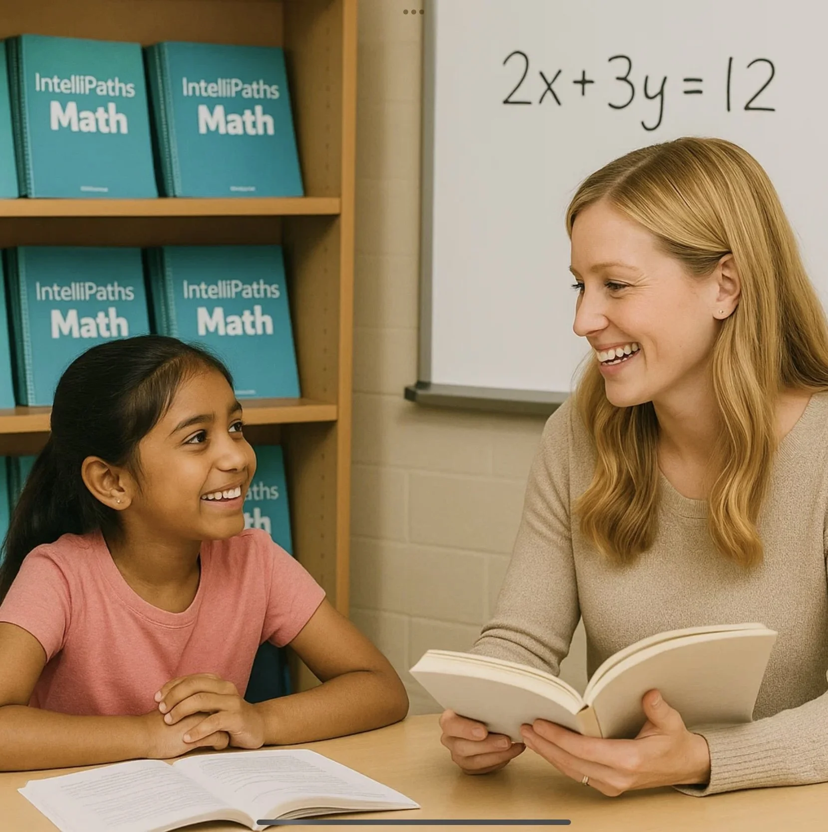 A teacher and a young girl are sitting at a desk in a classroom, smiling and talking. The teacher is holding an open book, and there are math textbooks on a bookshelf behind them. A whiteboard shows a math equation: 2x + 3y = 12.