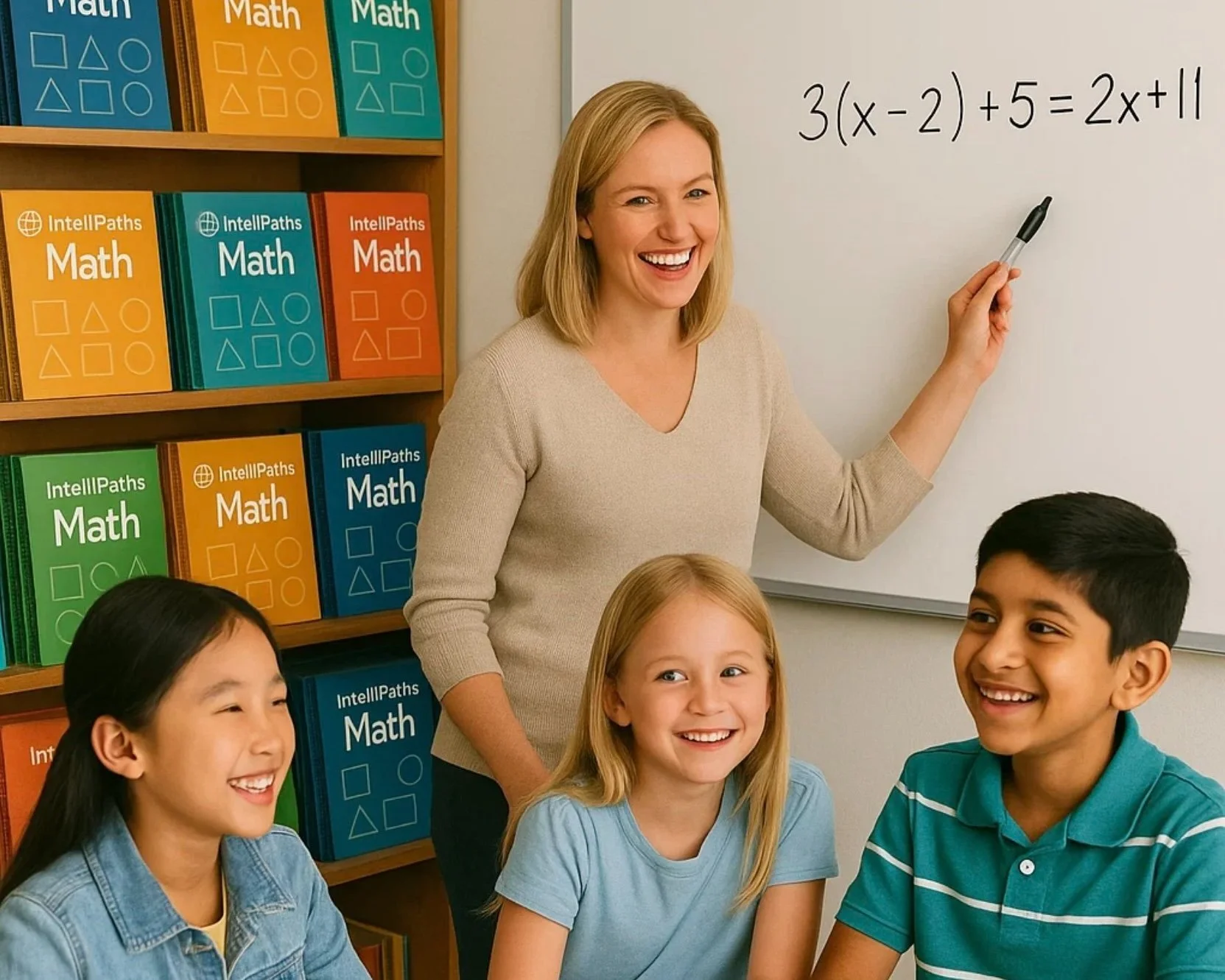 A female teacher standing at a whiteboard with a math problem written on it, smiling at her students. Three smiling students, two girls and one boy, are sitting at a table in front of her, engaged and happy. Shelves with colorful math textbooks are behind the teacher.