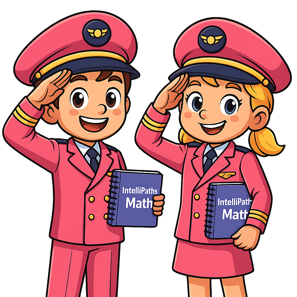 Cartoon boy and girl dressed as pilots, saluting, holding math books titled 'IntelliPaths Math.'