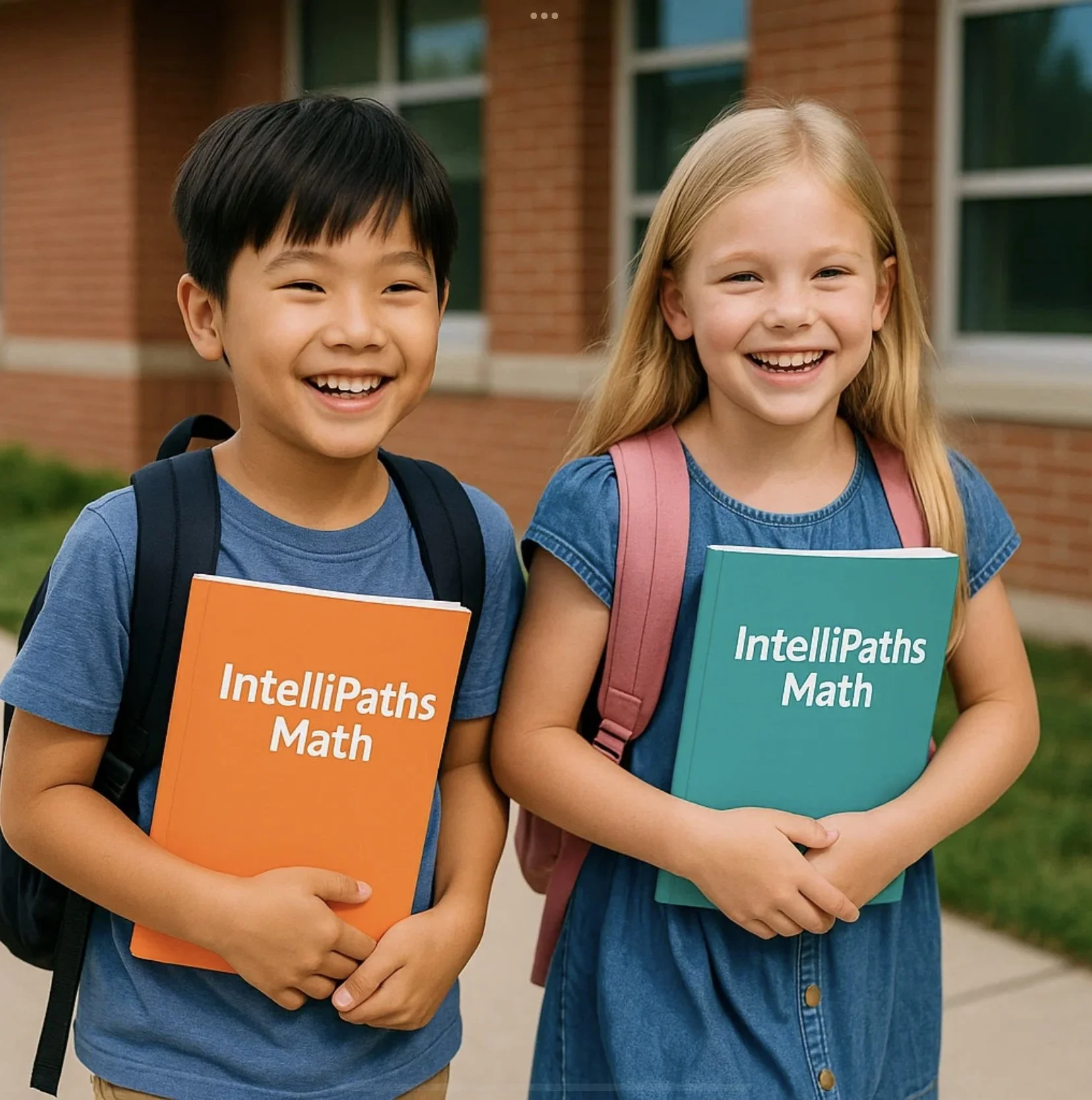 Smiling school children holding math books outside a school building.