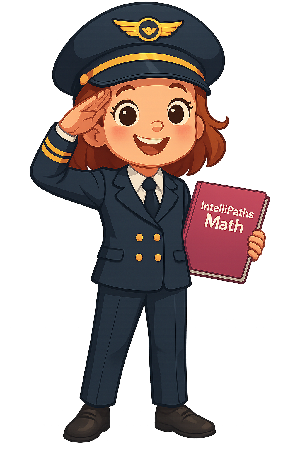 Animated girl in a pilot uniform, saluting, holding a red book titled 'IntelliPaths Math'.