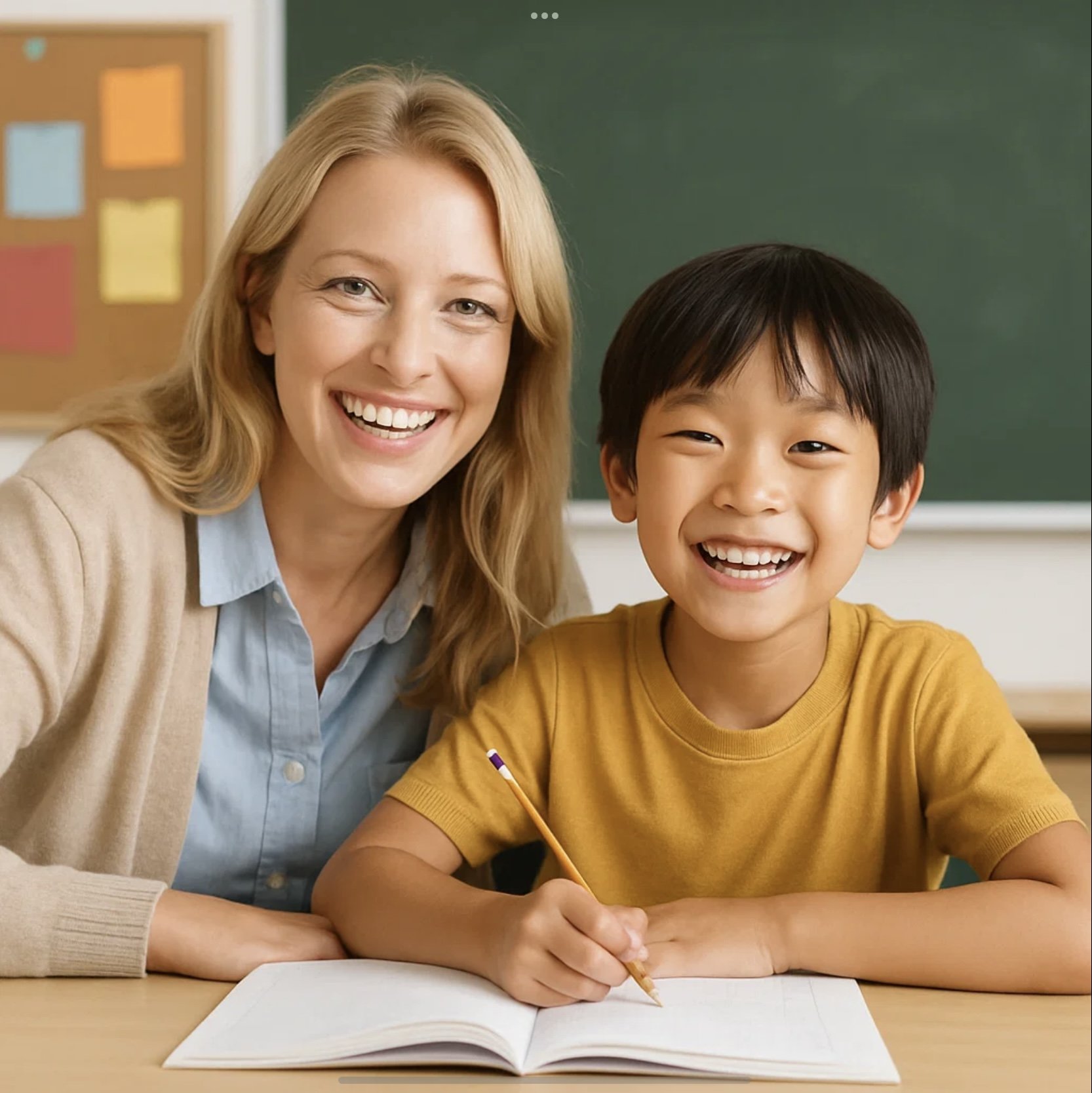 A smiling teacher with blonde hair and a light blue shirt teaches a joyful Asian boy with black hair, wearing a yellow shirt, who is holding a pencil and writing in an open notebook at a classroom desk.