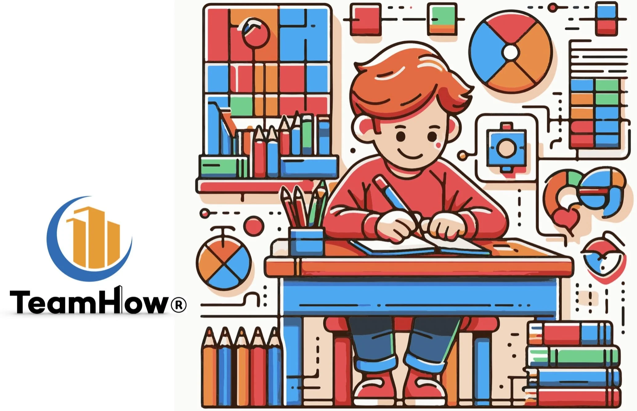 Illustration of a child drawing at a desk surrounded by colorful charts and stationery, with "TeamHow" logo on the side.