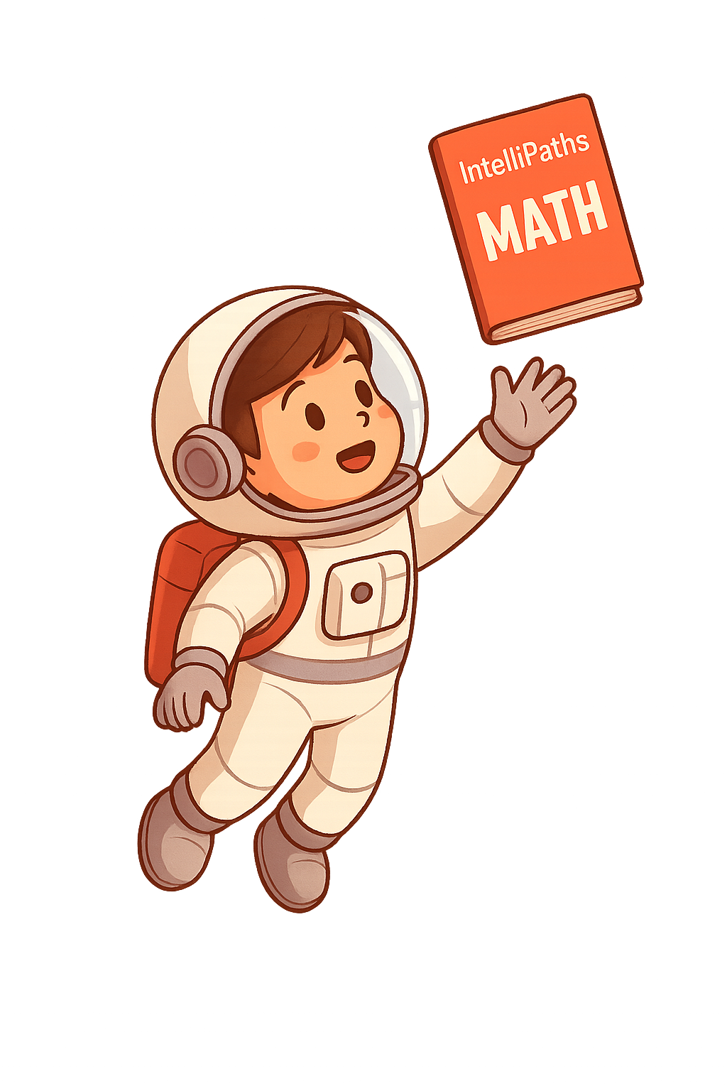 Cartoon of a young boy dressed as an astronaut, floating in space, reaching out towards a red book titled 'IntelliPaths MATH'.