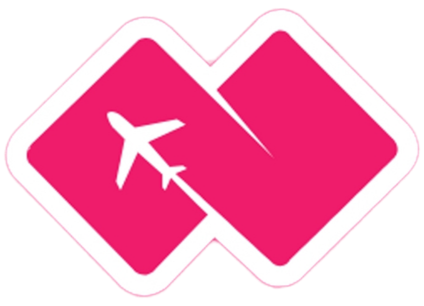 Pink travel icon with a white airplane symbol overlaid, representing air travel or flights.