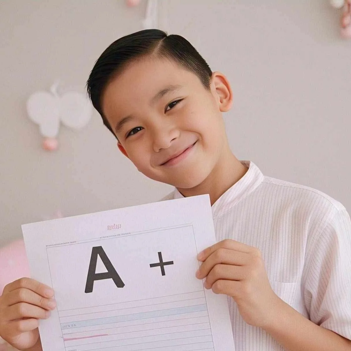 Smiling young boy holding a paper with the letter A and a plus sign, wearing a white striped shirt, in a light-colored room.